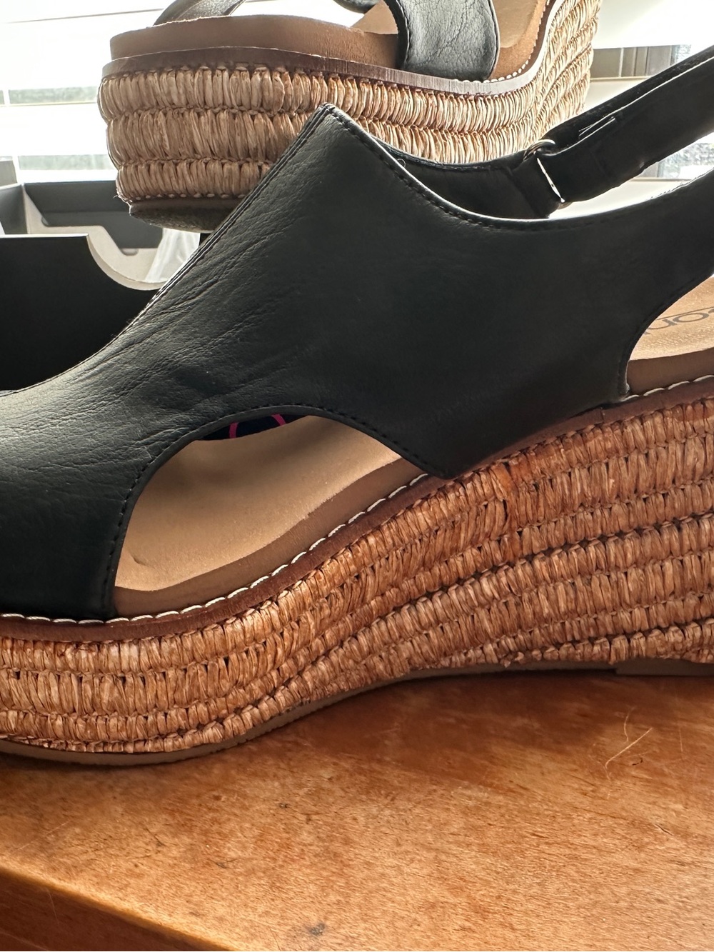 NIB Corkys Black Leather Slingback Wedge Sandals with Espadrille Platform - Picture 7 of 13